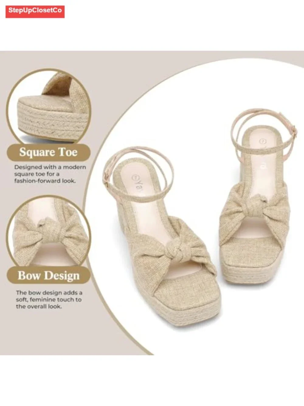 Women's Espadrille Platform Wedge Sandals Chunky Heel Bow Ankle Strap Square